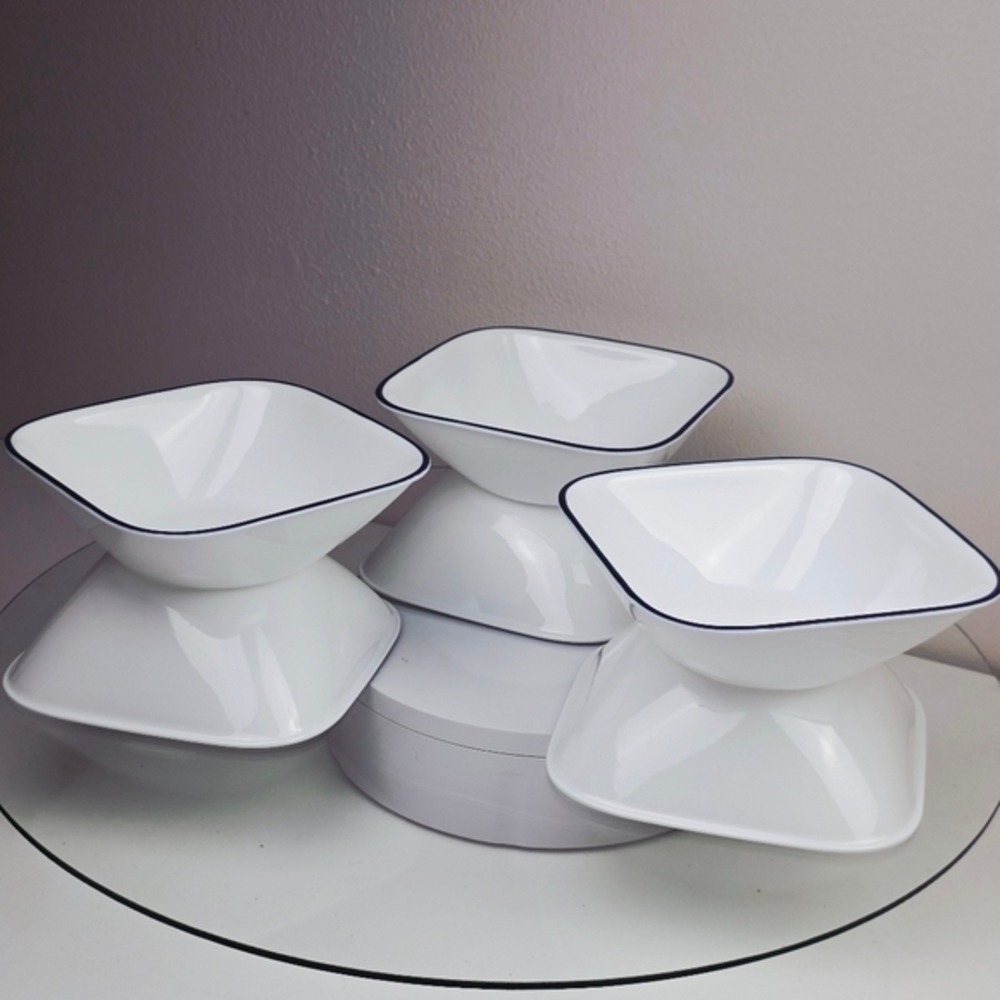 6 Corelle White Square Bowls Set Navy Blue Trim